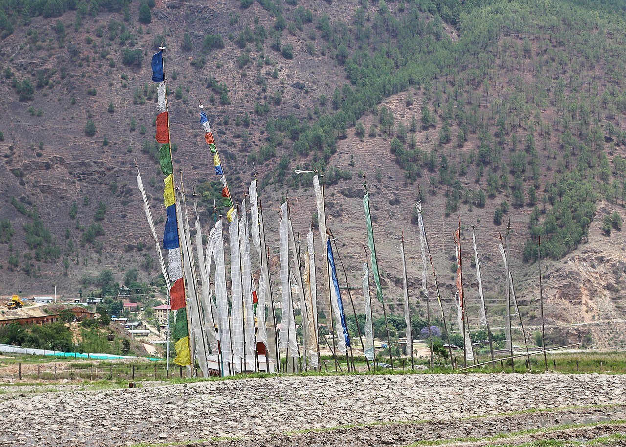 Prayer flags strung across a hillside above Sopsokha, Bhutan