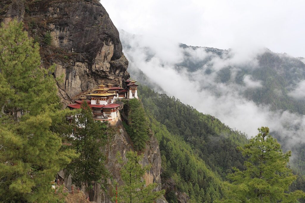 Paro Taktsang, the Tiger’s Nest monastery, clinging to a cliff high above the Paro valley in Bhutan