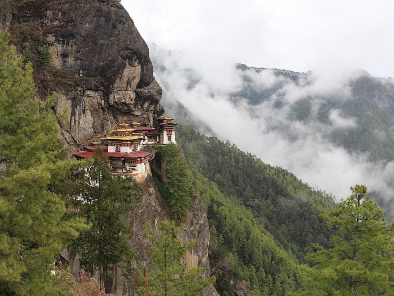 Paro Taktsang, the Tiger’s Nest monastery, clinging to a cliff high above the Paro valley in Bhutan